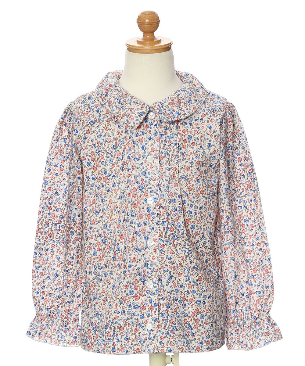 Flower pattern gathering with collar frill sleeve blouse Blue torso