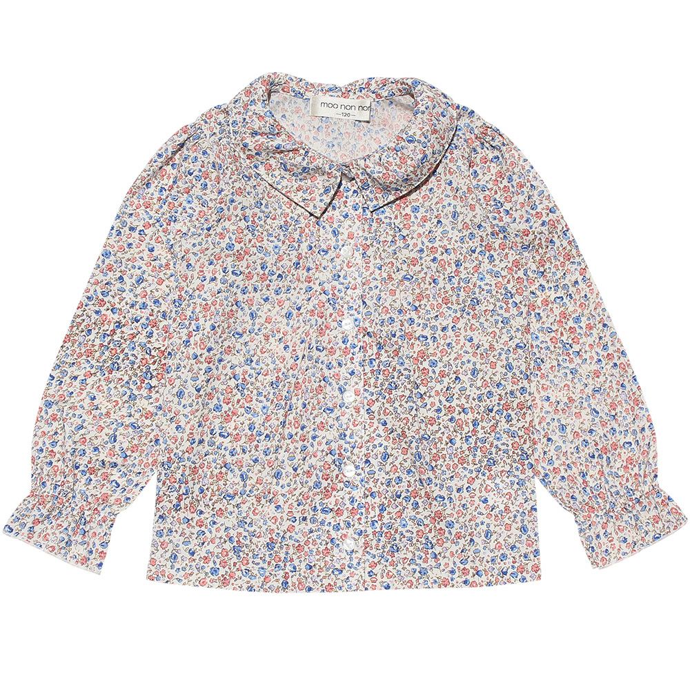 Flower pattern gathering with collar frill sleeve blouse Blue front