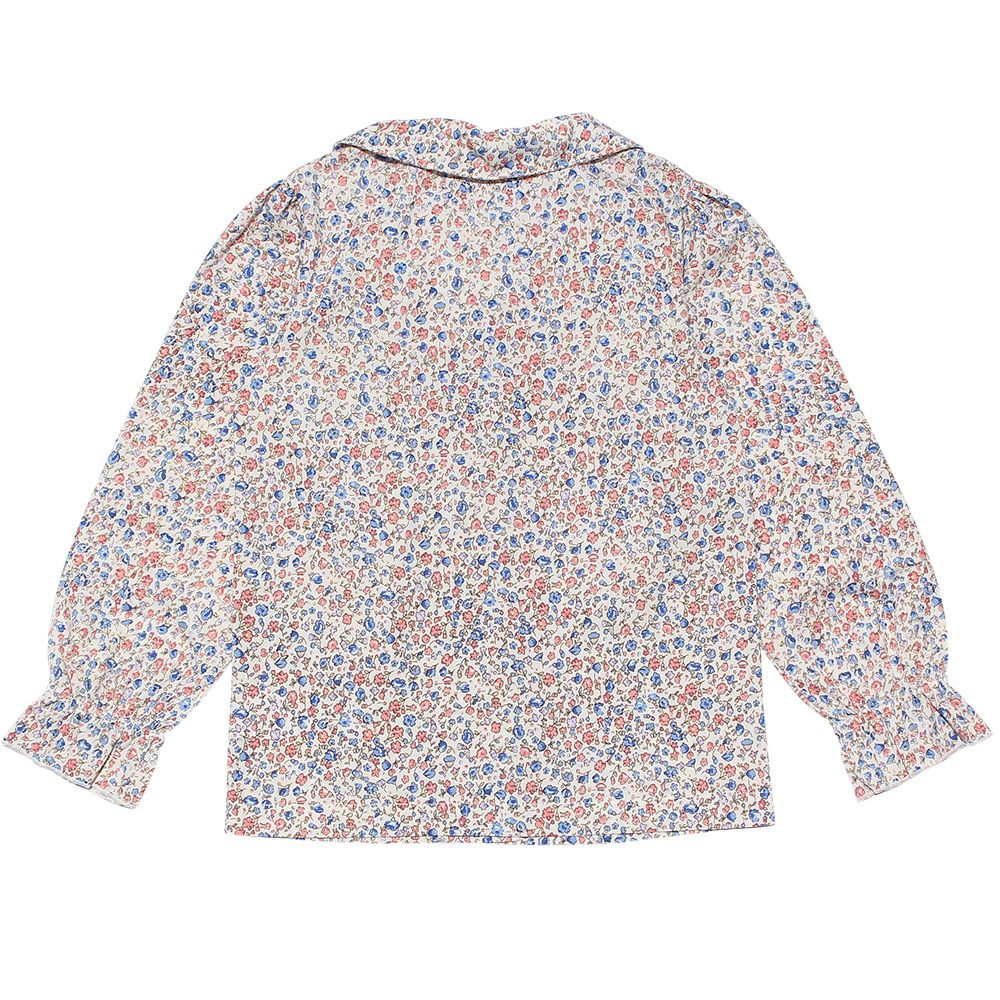 Flower pattern gathering with collar frill sleeve blouse Blue back