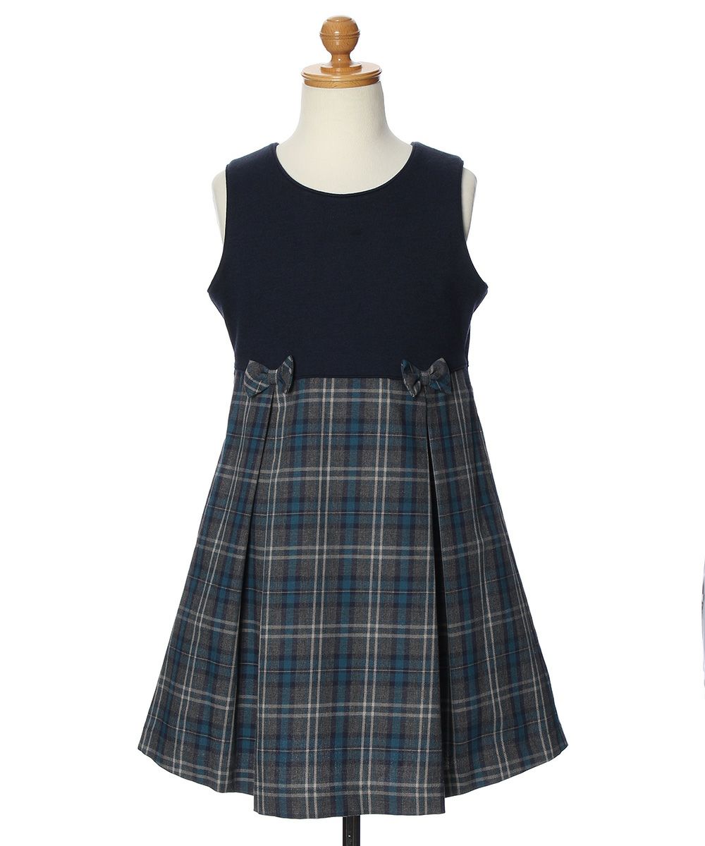 Children's clothing girl with double knit ribbon check pattern dress navy (06) torso