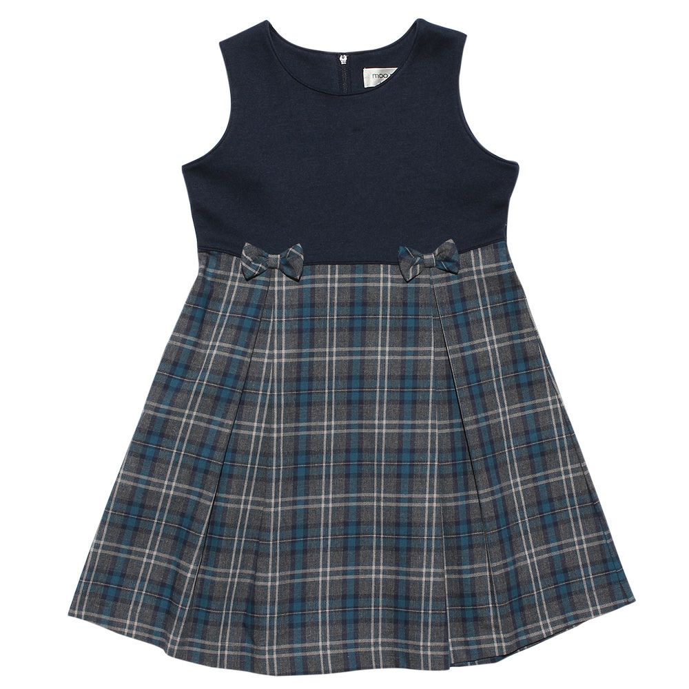 Children's clothing girl double knit ribbon check pattern dress navy (06) front