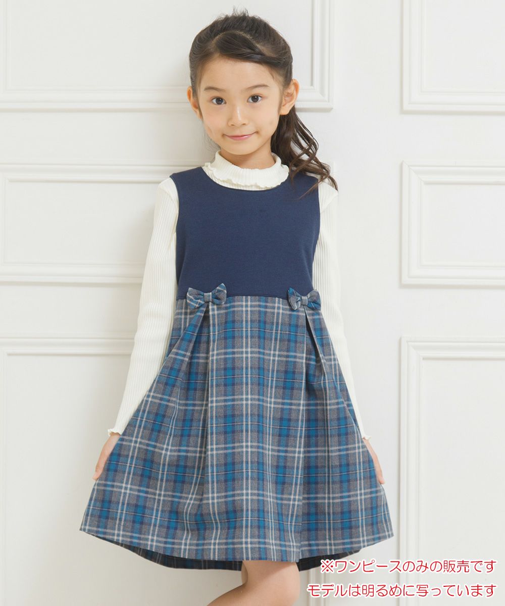 Children's clothing girl double knit ribbon check pattern dress navy (06) model image up