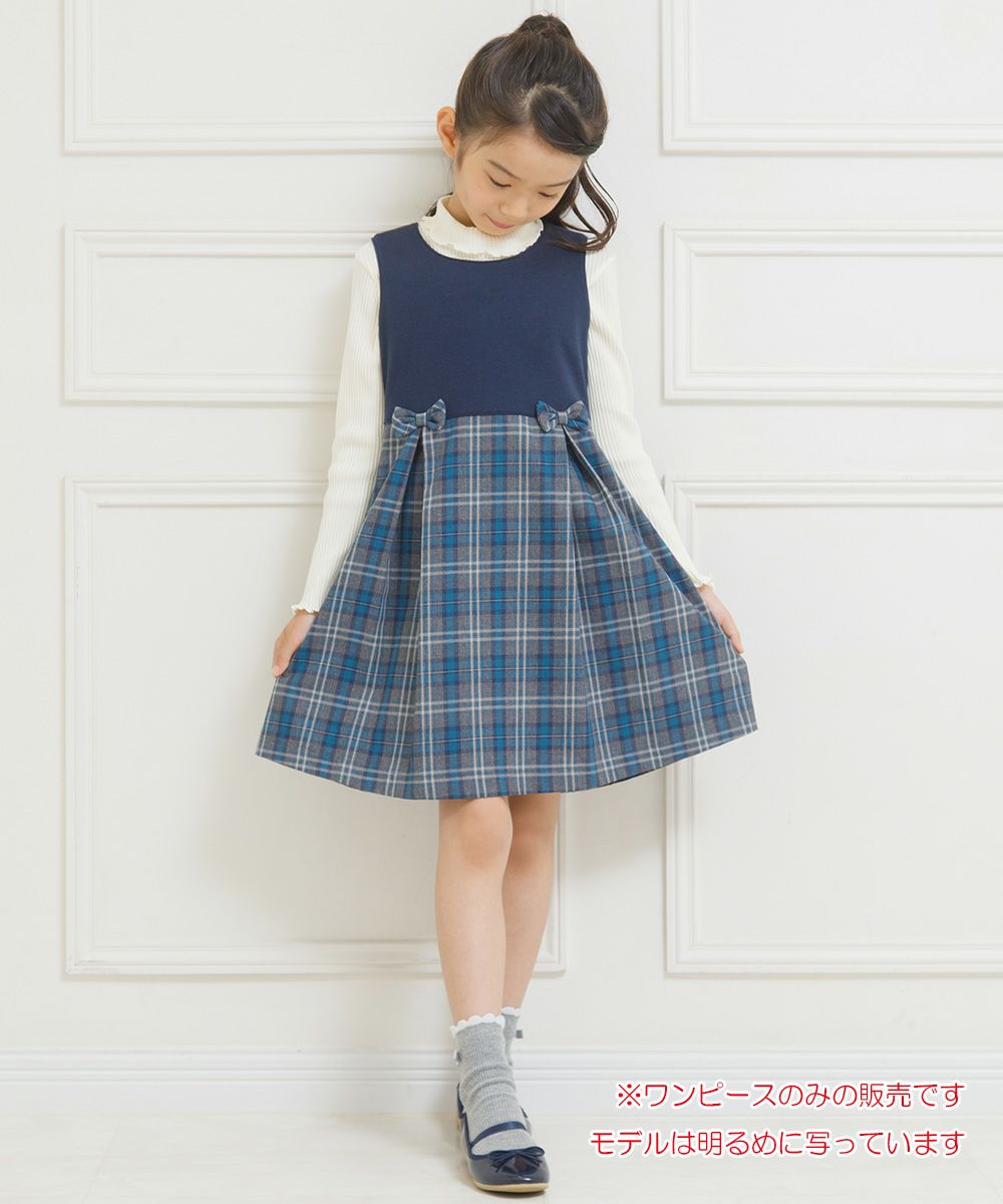 Children's clothing girl double knit ribbon check pattern dress navy (06) model image 1