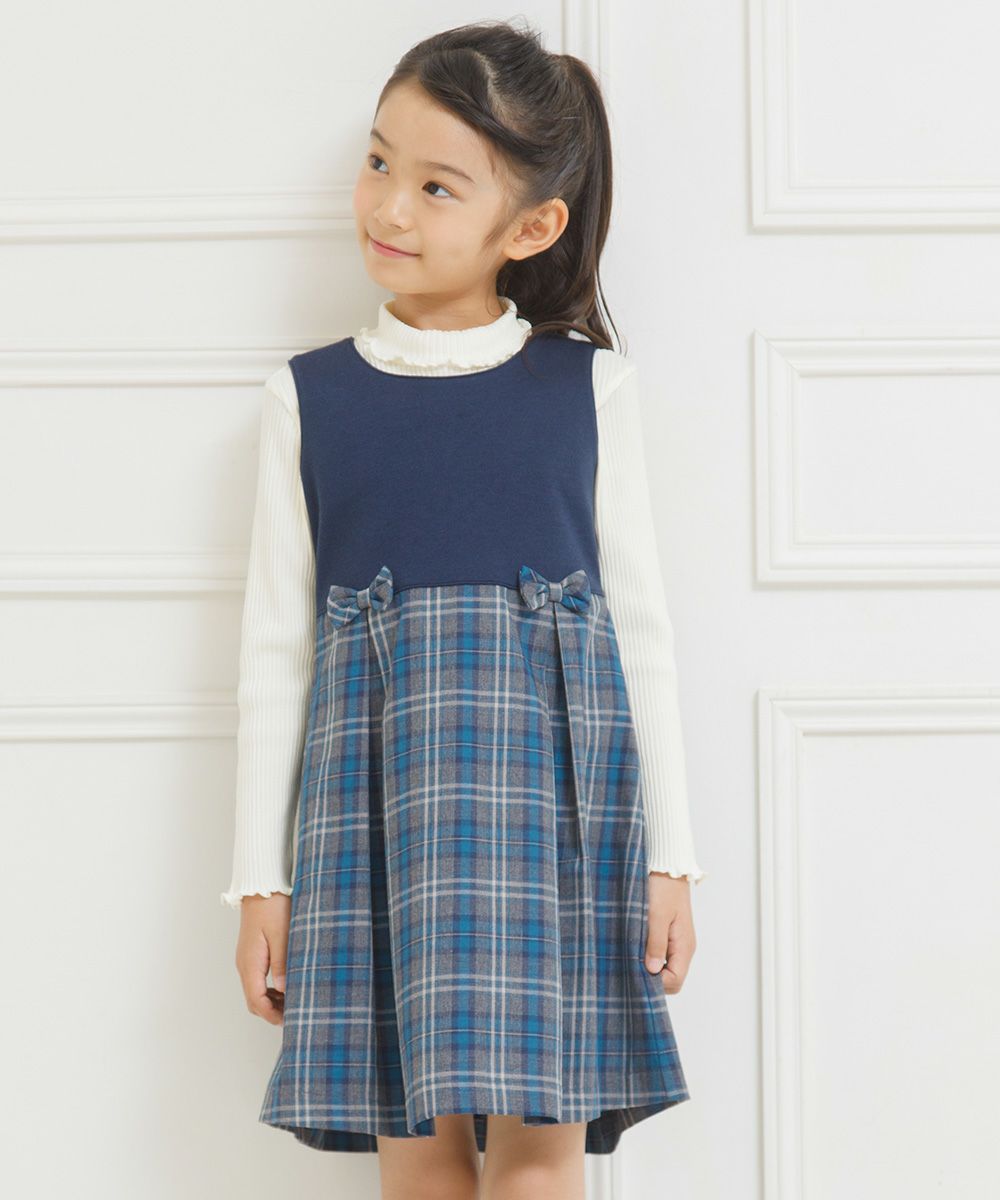 Children's clothing girl double knit ribbon check pattern dress navy (06) model image 2