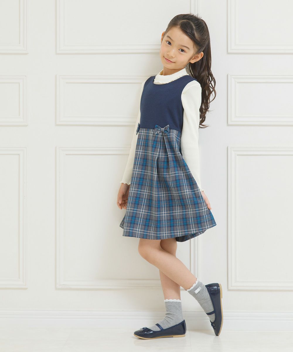 Children's clothing girl double knit ribbon check pattern dress navy (06) model image 3