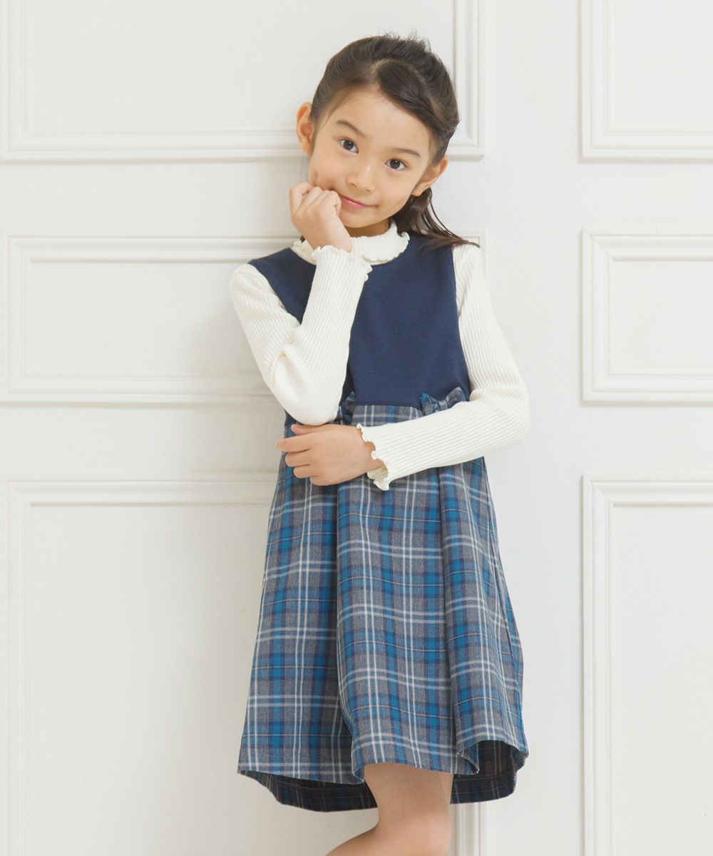 Children's clothing girl double knit ribbon check pattern dress navy (06) model image 4