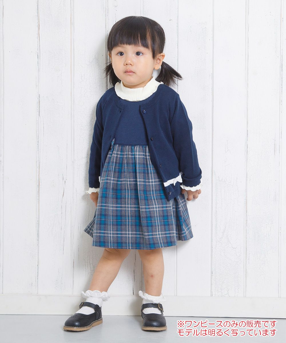 Baby Clothing Girl Baby Size Double Knit Ribbon Check Pattern One Piece Navy (06) Model Image