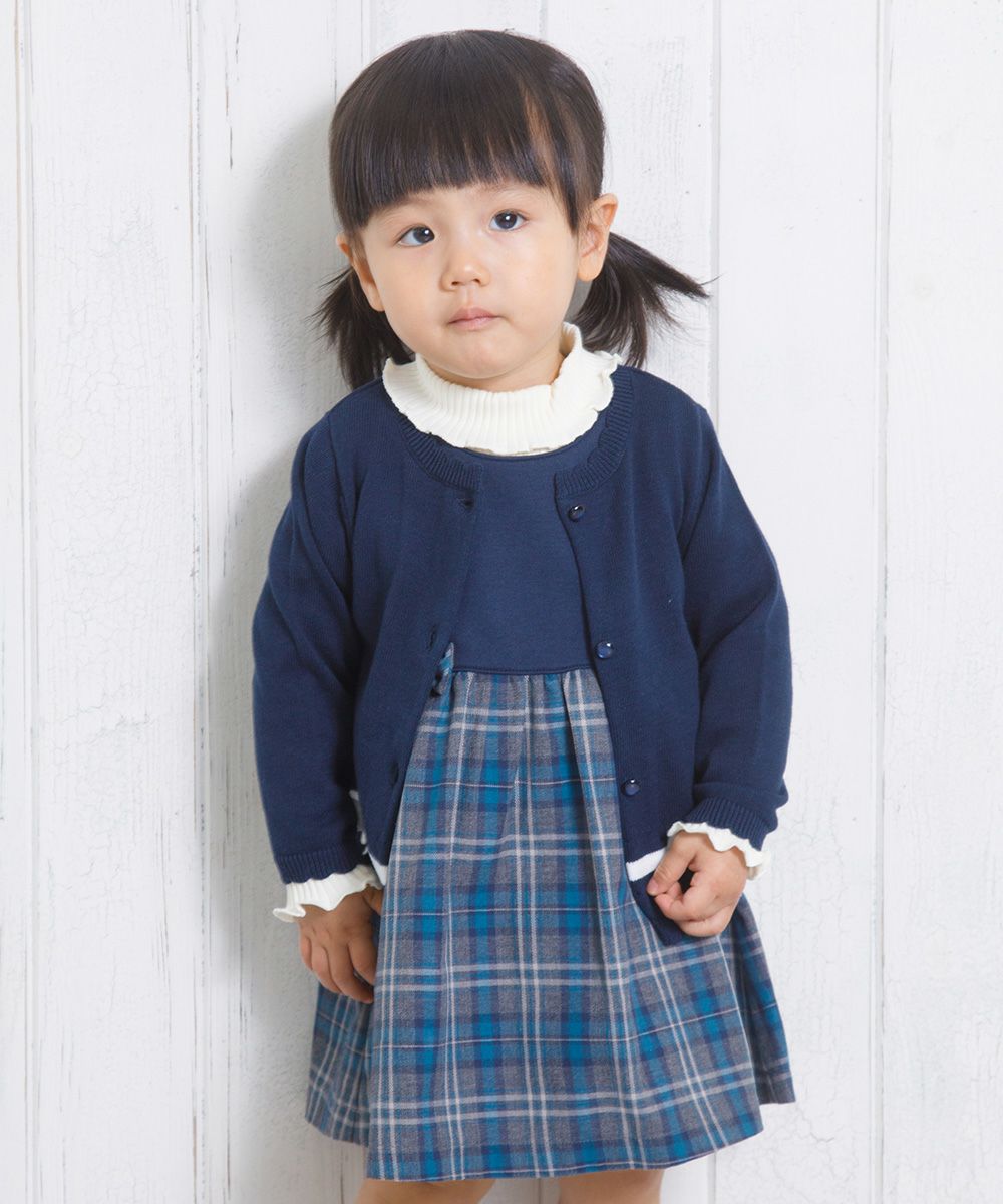 Baby Clothing Girl Baby Size Double Knit Ribbon Check Pattern One Piece Navy (06) Model Image 3