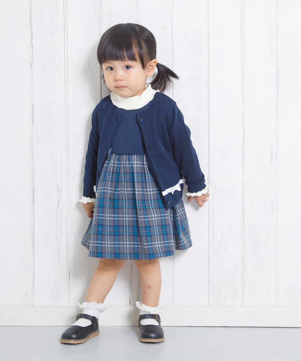 Baby Clothing Girl Baby Size Double Knit Ribbon Check Pattern One Piece Navy (06) Model Image 4