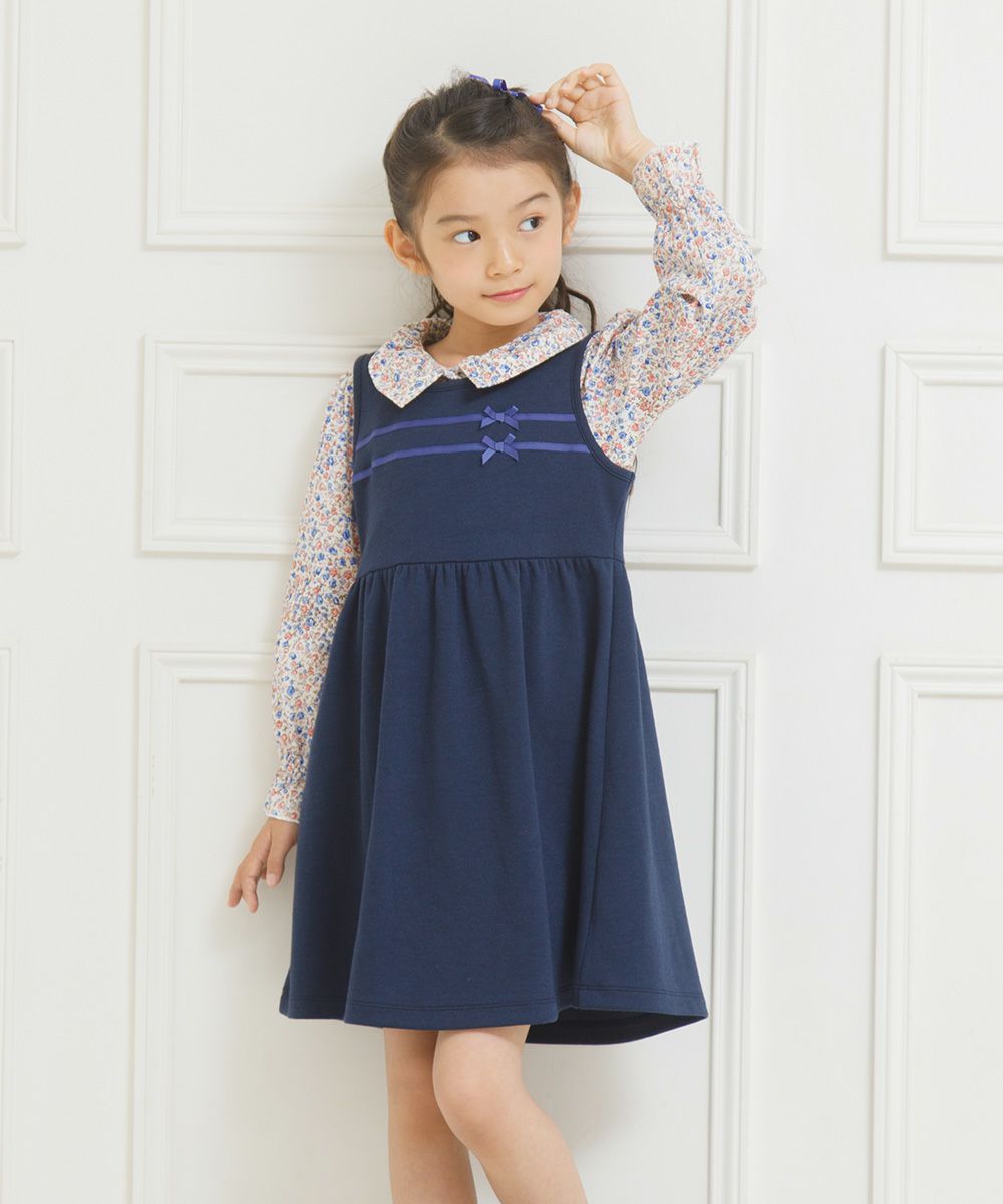 Gathered dress with double knit ribbon Navy model image 2