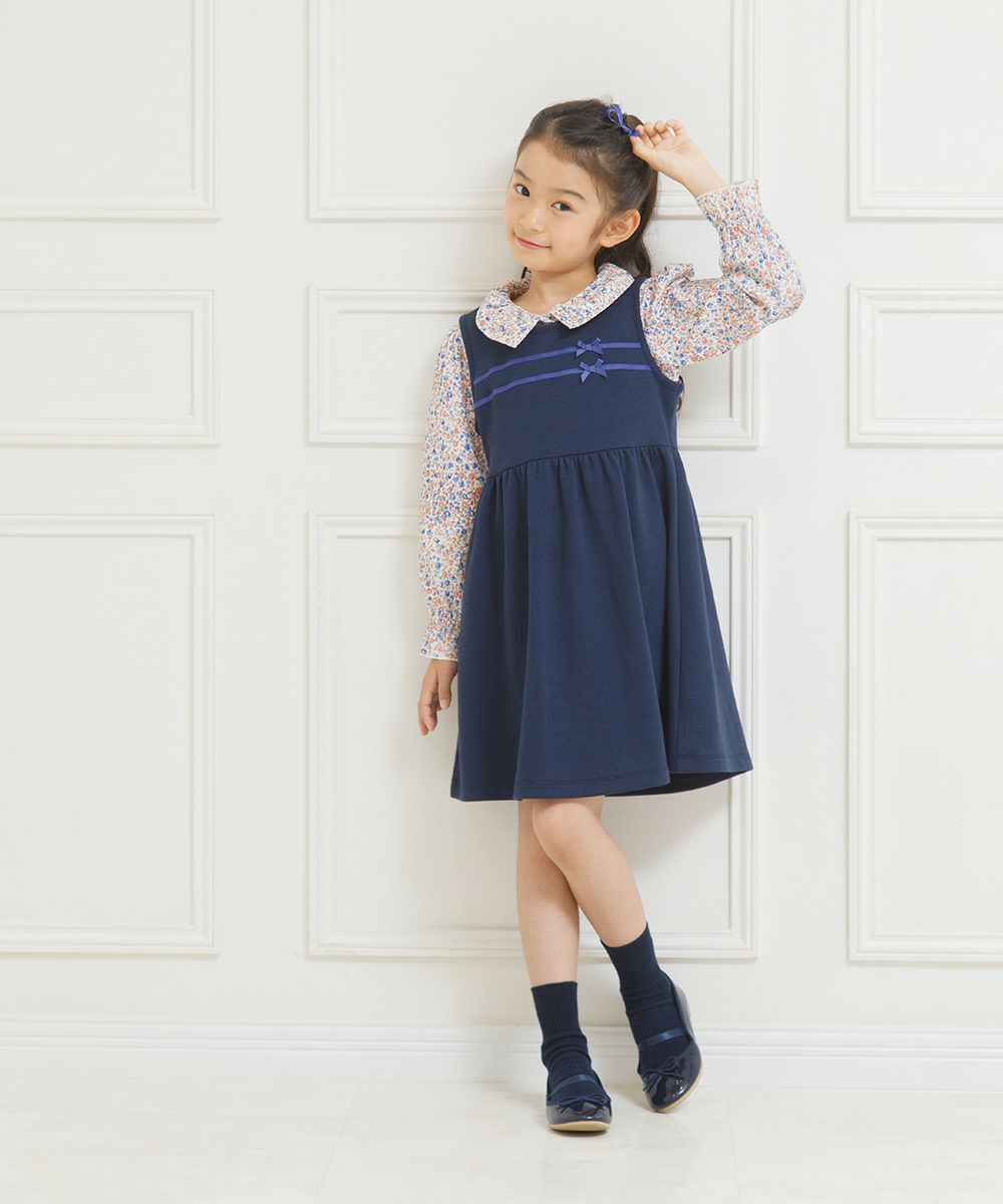 Gathered dress with double knit ribbon Navy model image 3