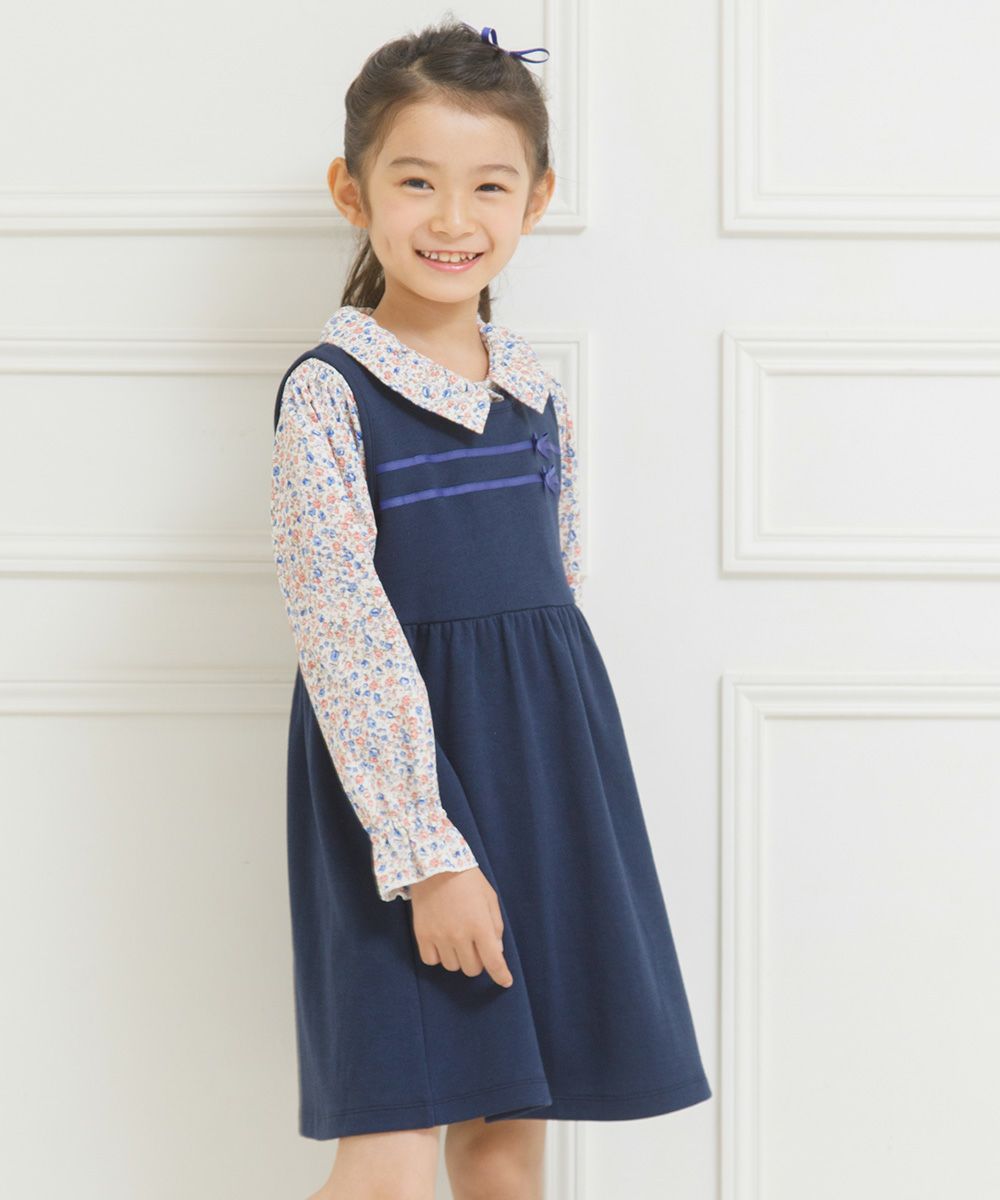 Gathered dress with double knit ribbon Navy model image 4