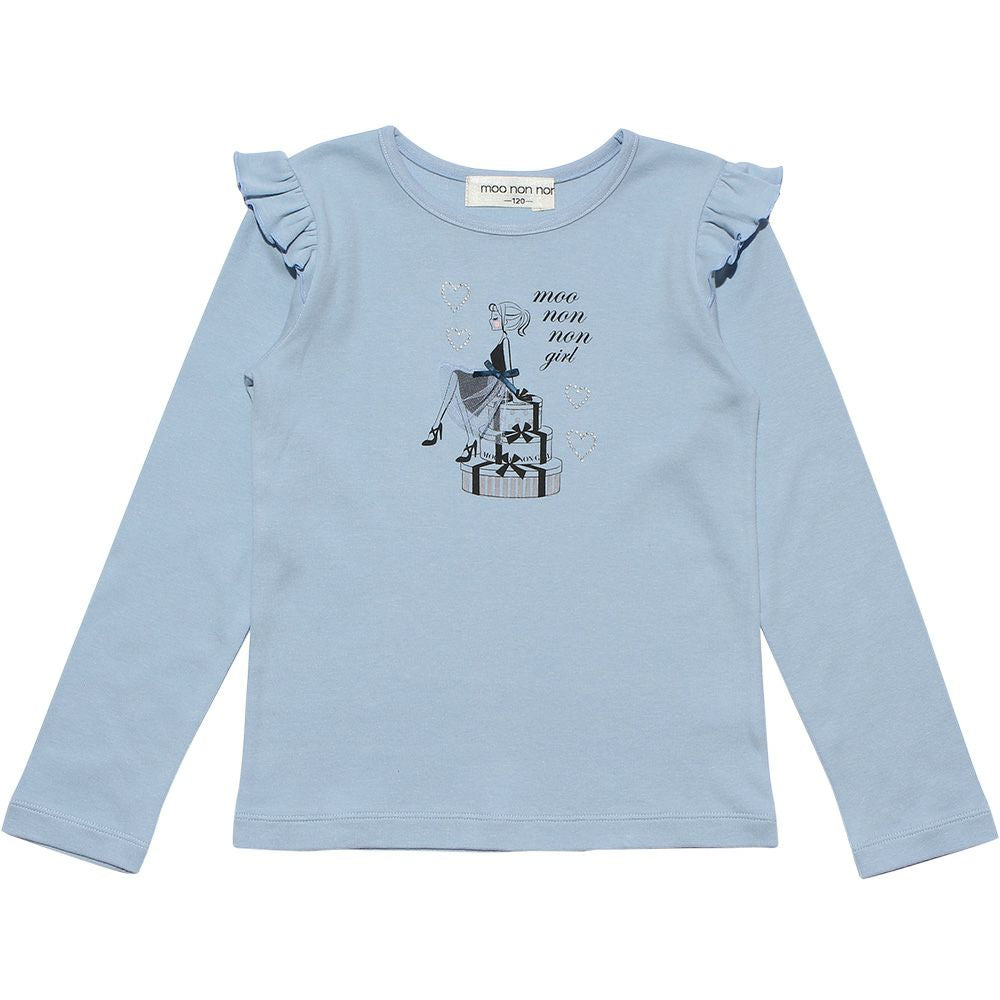 Children's clothing girl 100 % cotton girl & logo print frill T -shirt blue (61) front