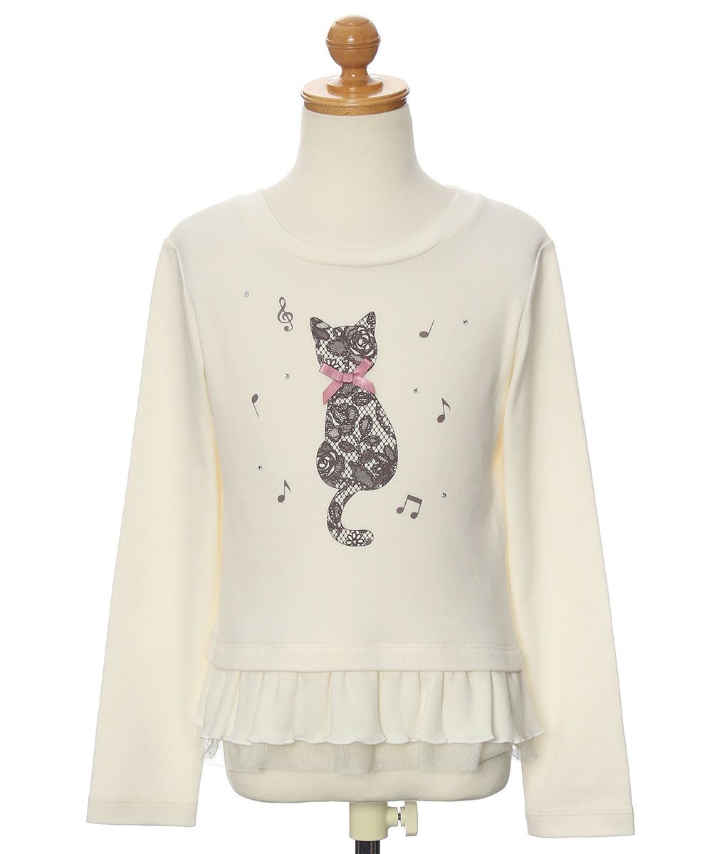 Children's clothing Girl Cat Print Tulle Frill T -shirt Off White (11) Torso
