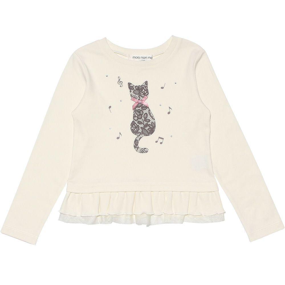 Children's clothing Girl Cat Print Tulle Frill T -shirt Off White (11) front
