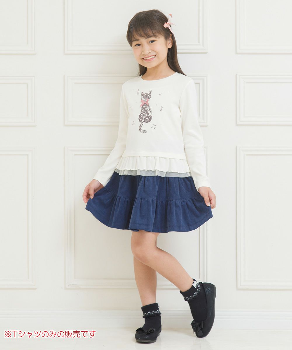 Children's clothing Girl Cat Print Tulle Frill T -shirt Off White (11) Model Image General Body
