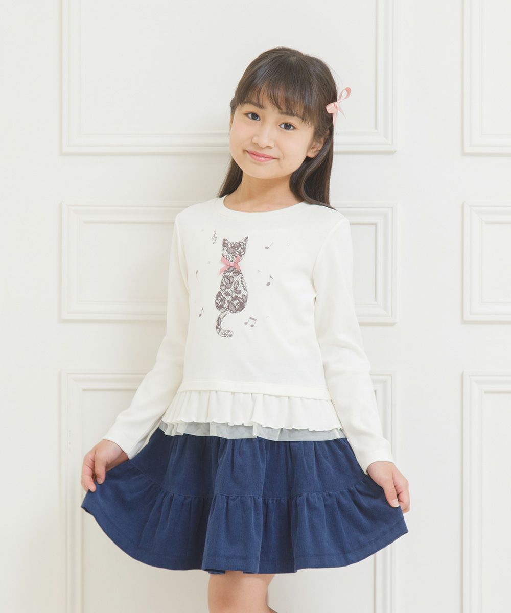 Children's clothing Girl Cat Print Tulle Frill T -shirt Off White (11) Model Image 3