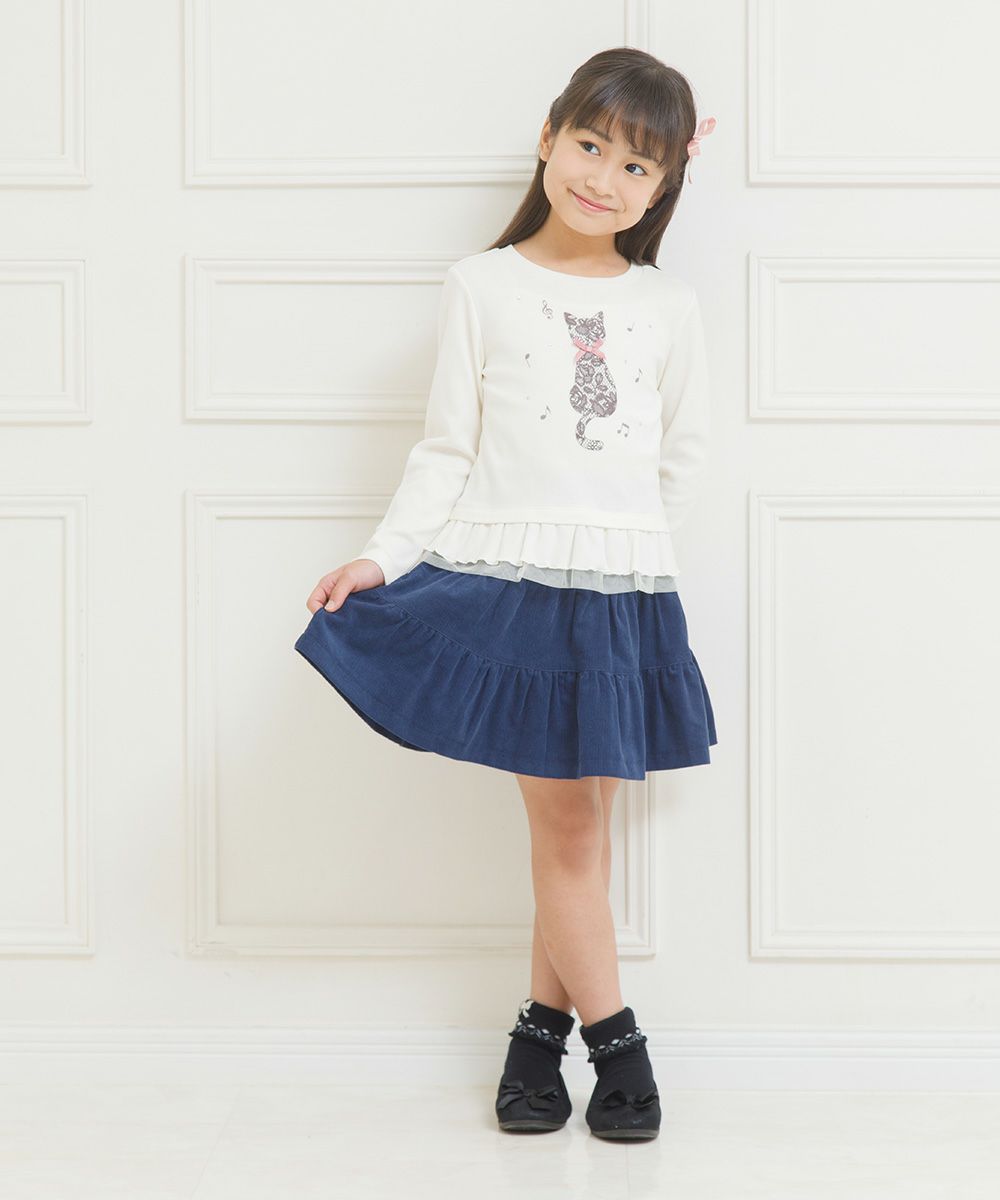 Children's clothing Girl Cat Print Tulle Frill T -shirt Off White (11) Model Image 4