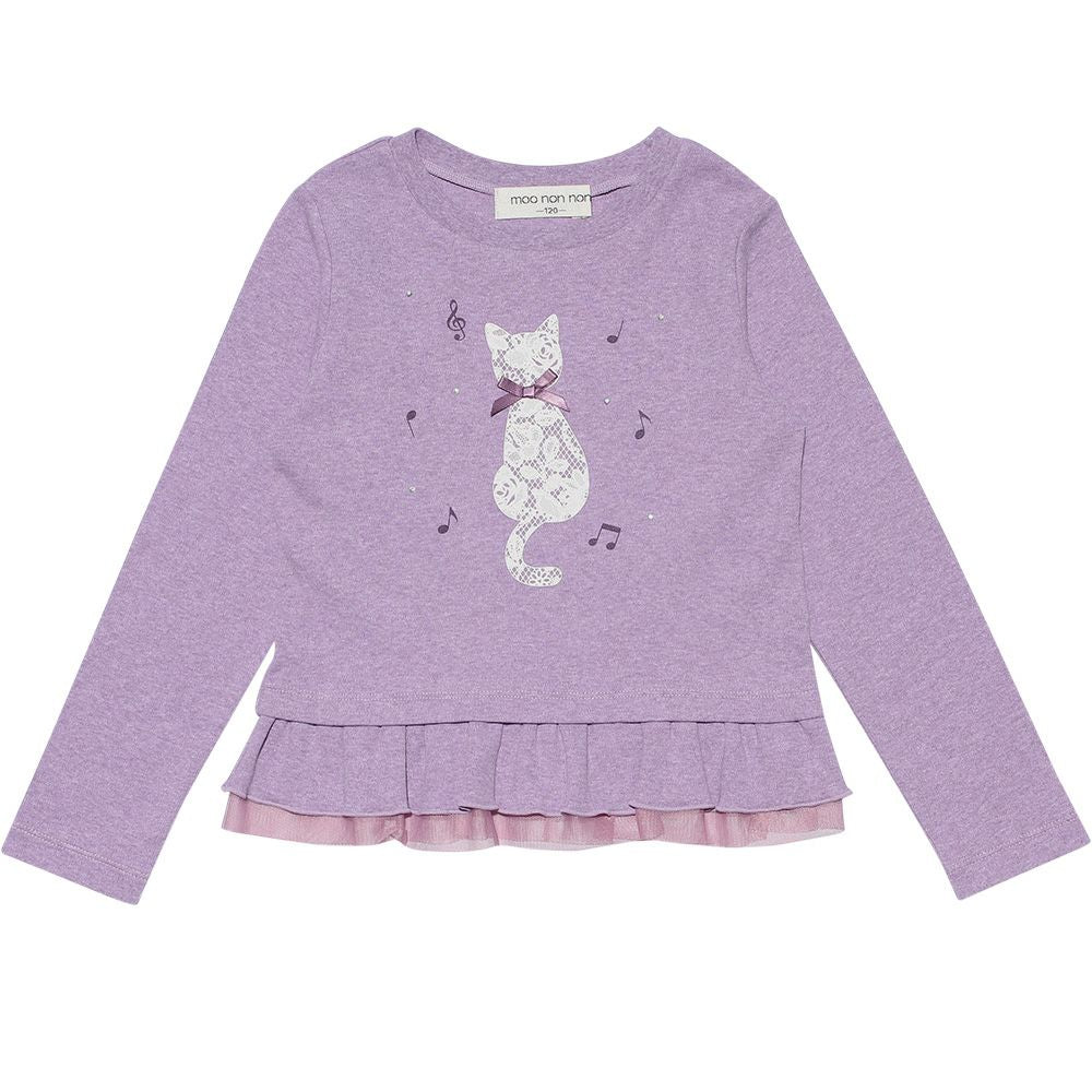 Children's clothing girl cat print tulle frill T -shirt purple (91) front