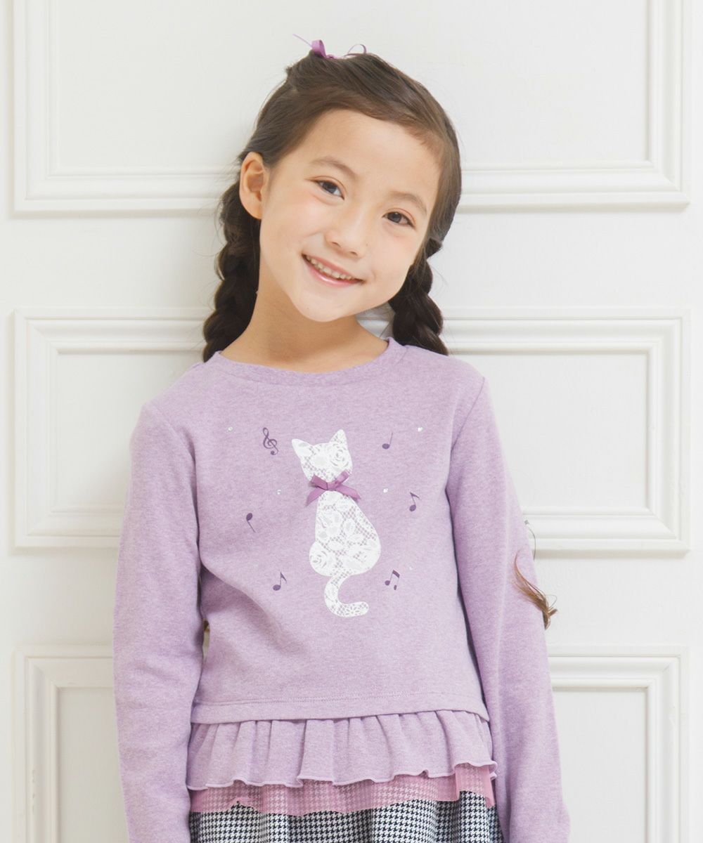 Children's clothing girl cat print tulle frill T -shirt purple (91) model image up