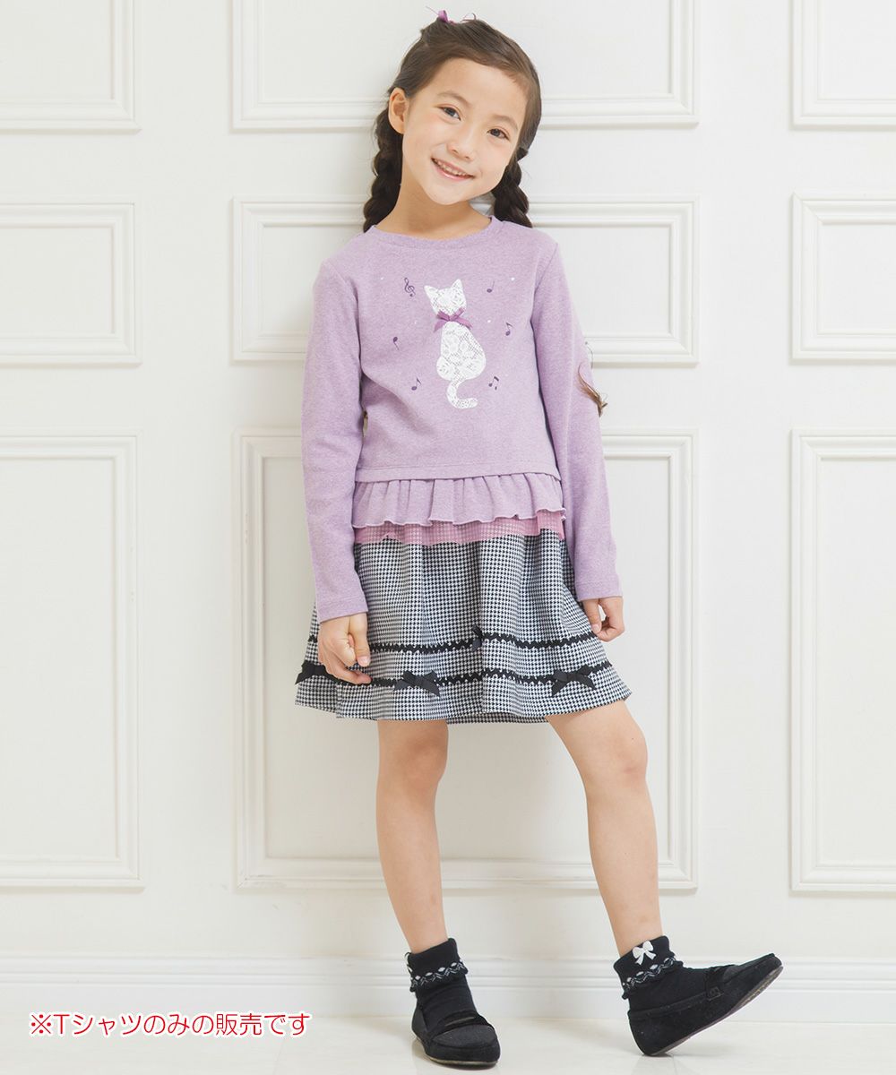 Children's clothing girl cat print tulle frill T -shirt purple (91) model image whole body