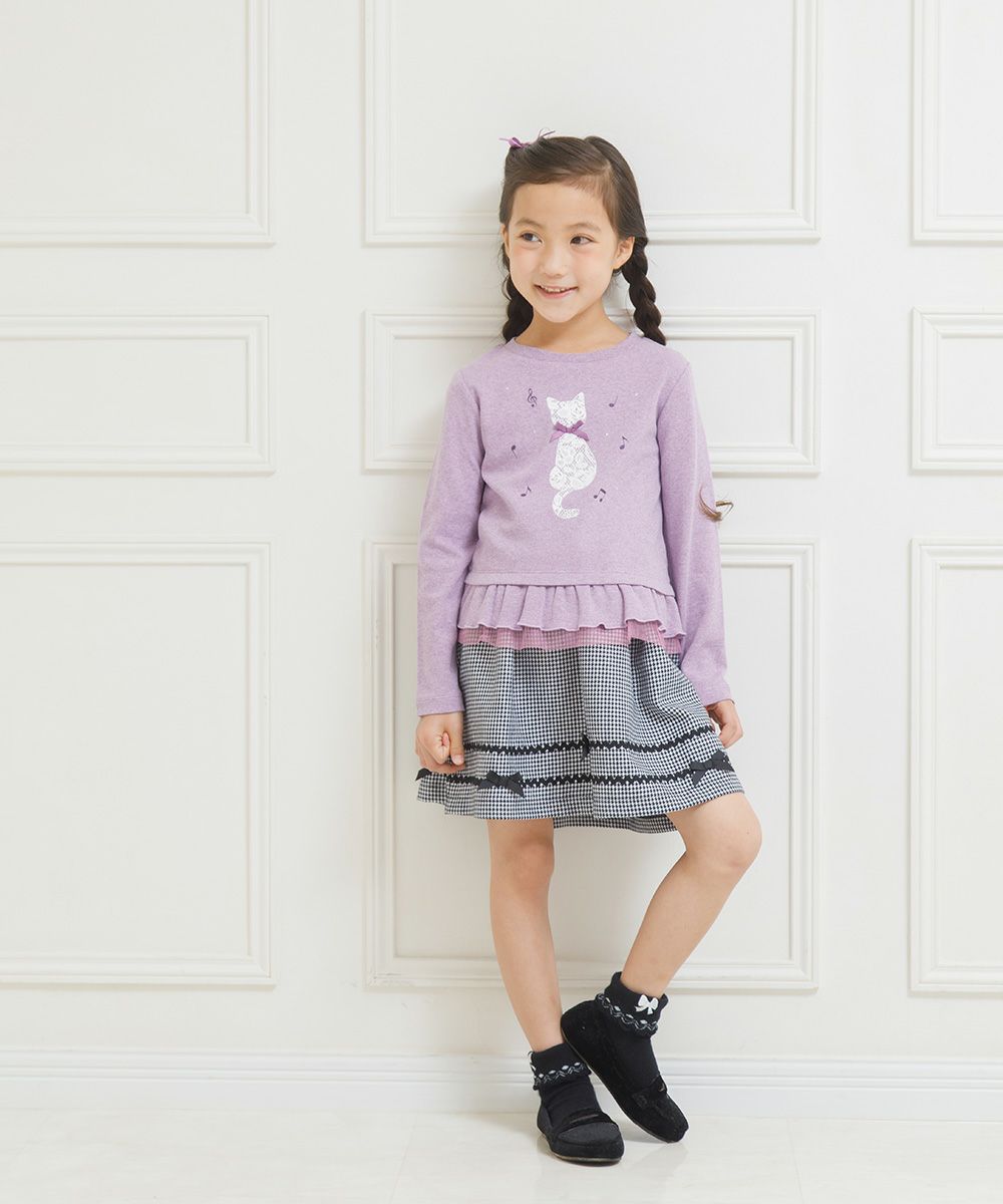 Children's clothing Girl Cat Print Tulle Frill T -shirt Purple (91) Model Image 2