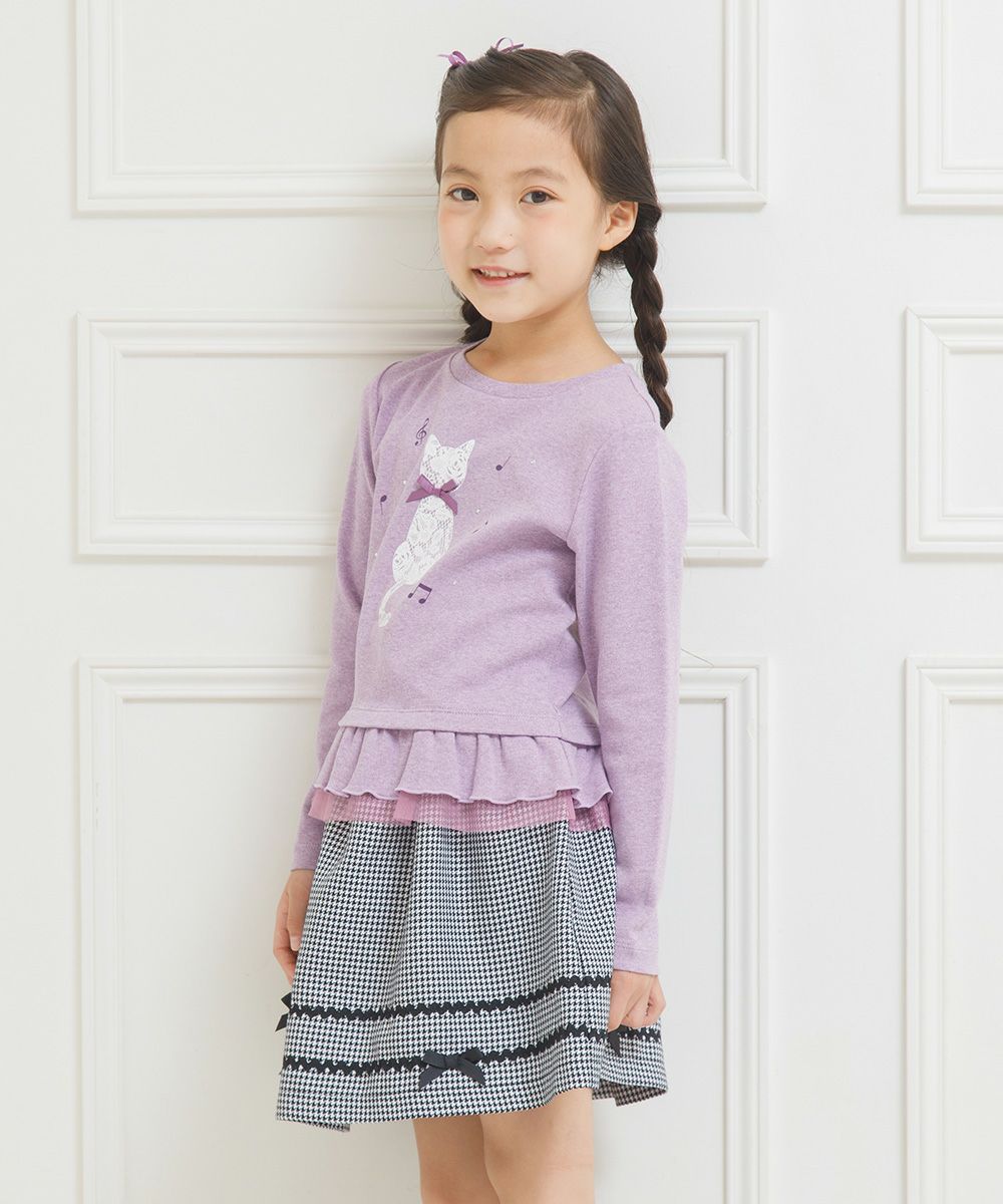 Children's clothing Girl Cat Print Tulle Frill T -shirt Purple (91) Model Image 3