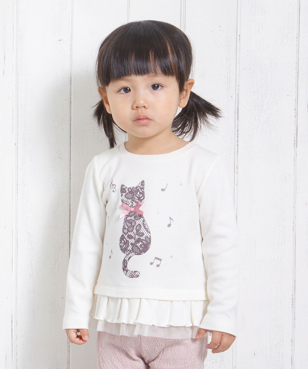 Baby Clothing Girl Baby Size Neko Print Tulle Frill T -shirt Off White (11) Model Image Up