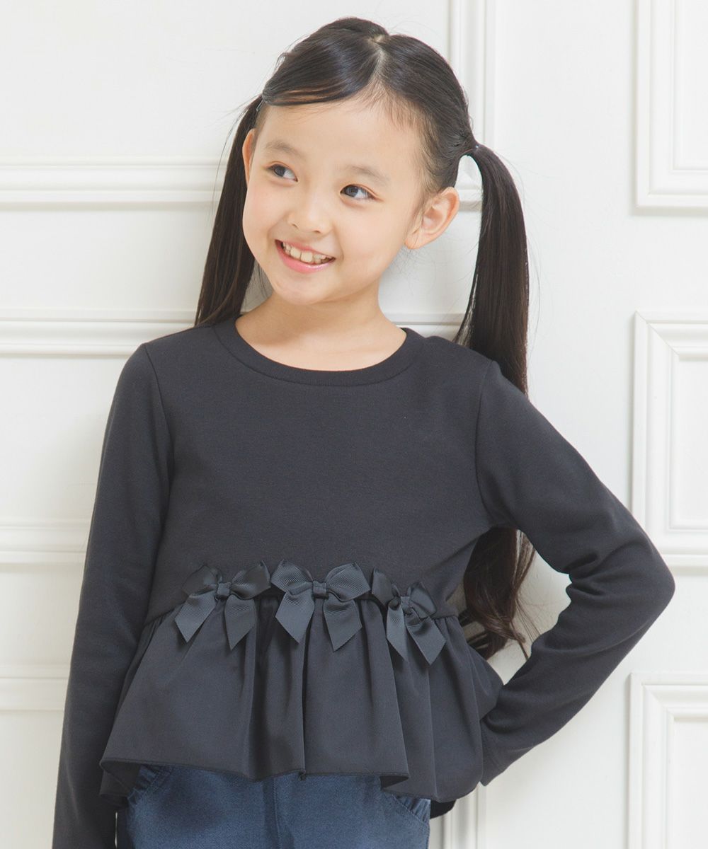 Gather frill T -shirt with ribbon Black model image up