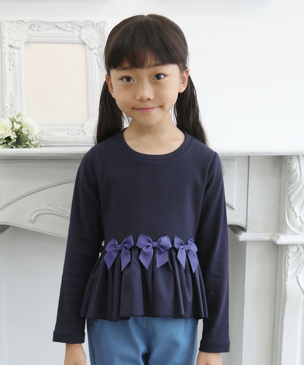Gather frill T -shirt with ribbon Navy model image up