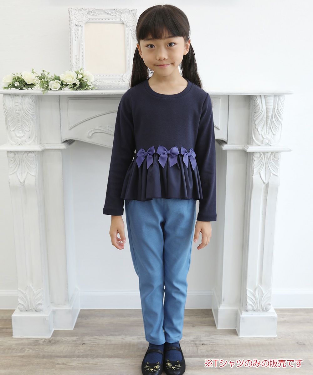 Gather frill T -shirt with ribbon Navy model image whole body