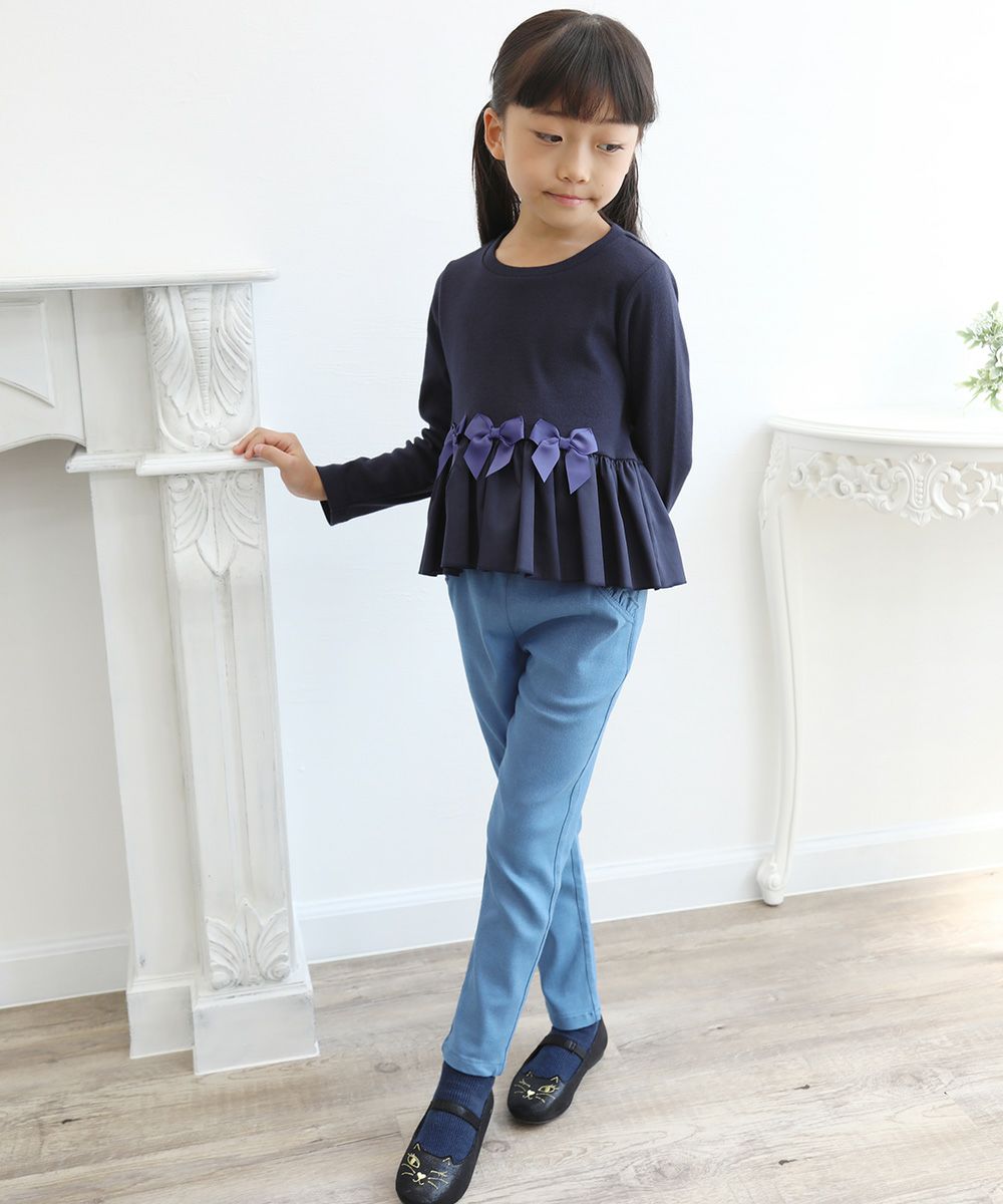 Gather frill T -shirt with ribbon Navy model image 3