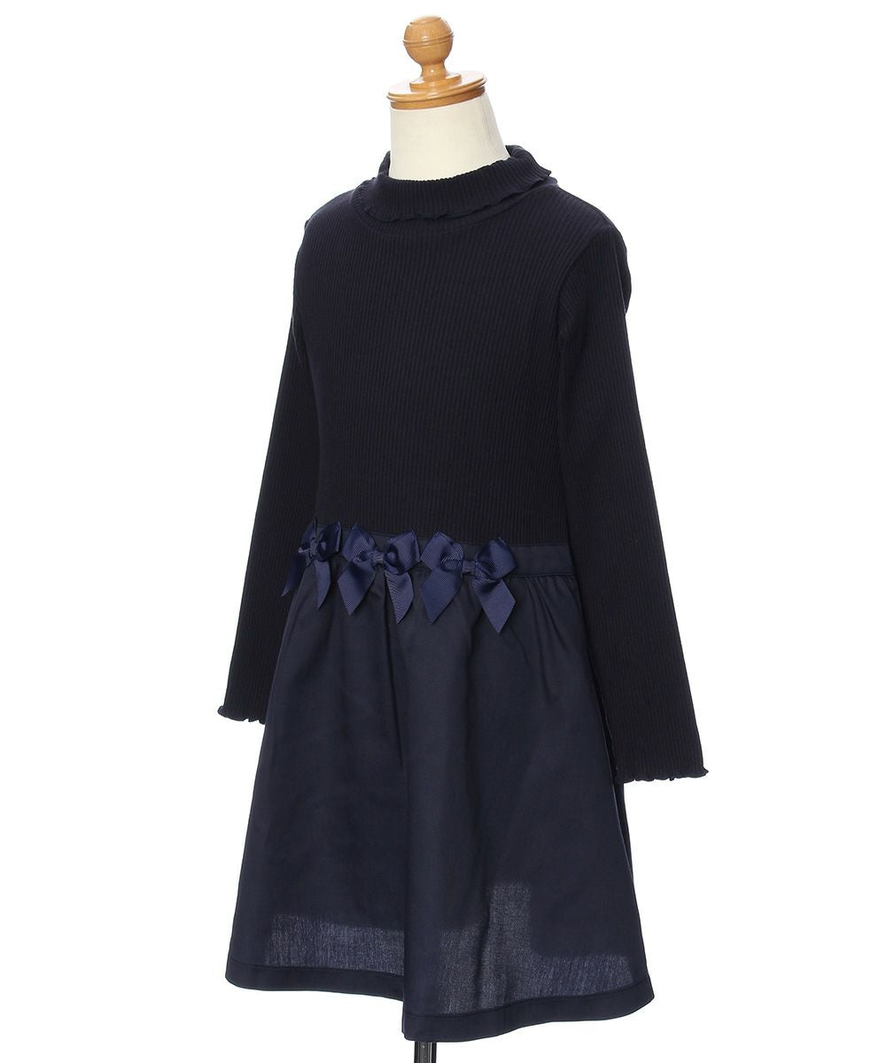 Children's clothing girl ribbon Rib knit tortrate neck dress navy (06) torso