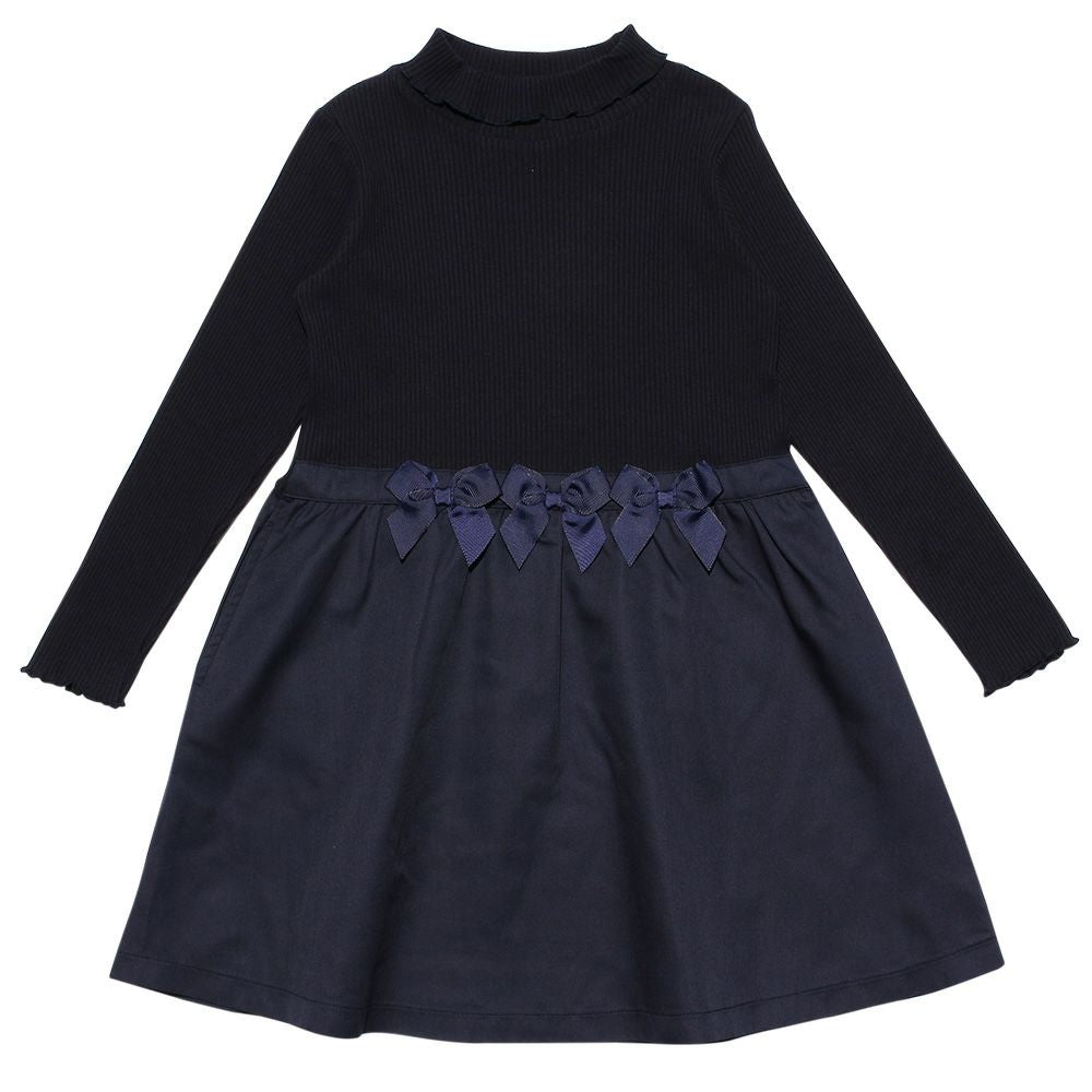 Children's clothing girl ribbon Rib knit tortrate neck dress navy (06) front