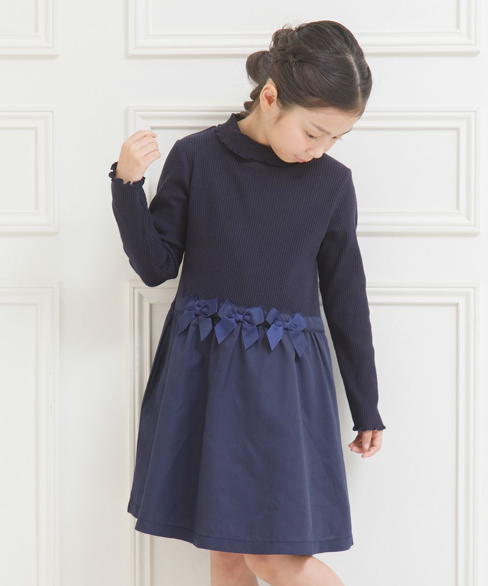 Children's clothing girl ribbon Rib knit tortrate neck dress navy (06) model image 2