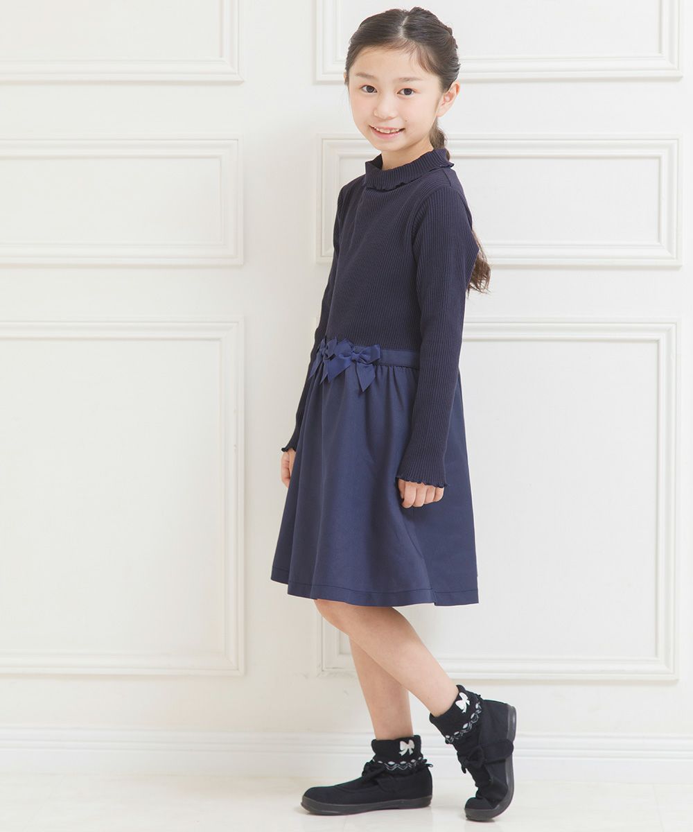 Children's clothing girl ribbon Rib knit tortrate neck dress navy (06) model image 3