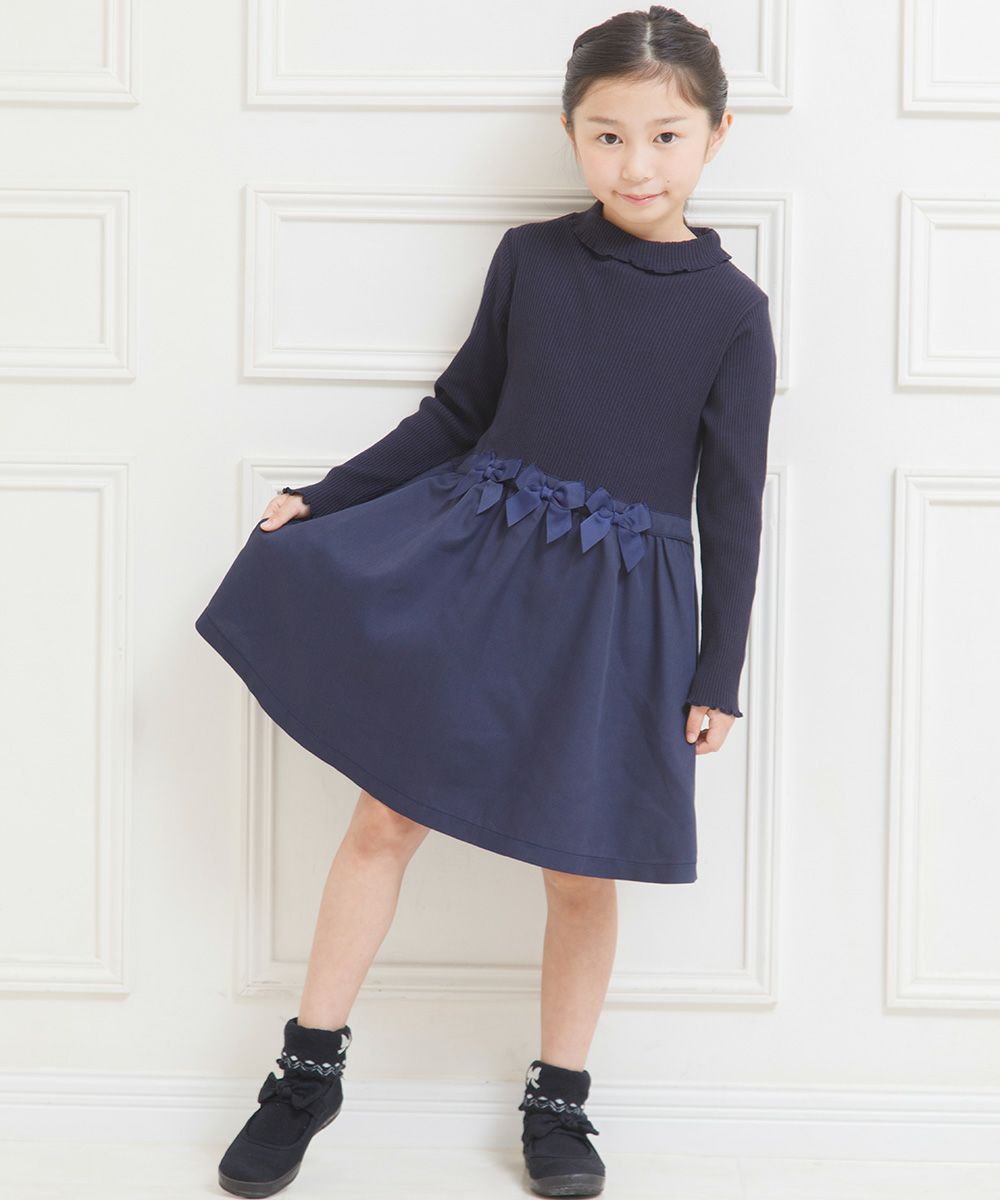 Children's clothing girl ribbon Rib knit tortrate neck dress navy (06) model image 4