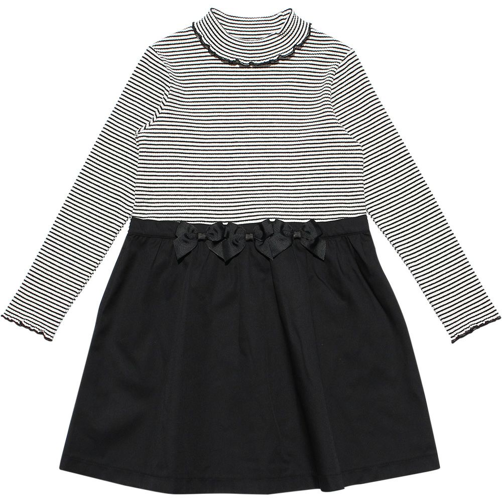 Children's clothing girl ribbon Rib knit tortrate neck dress white x black (10) front