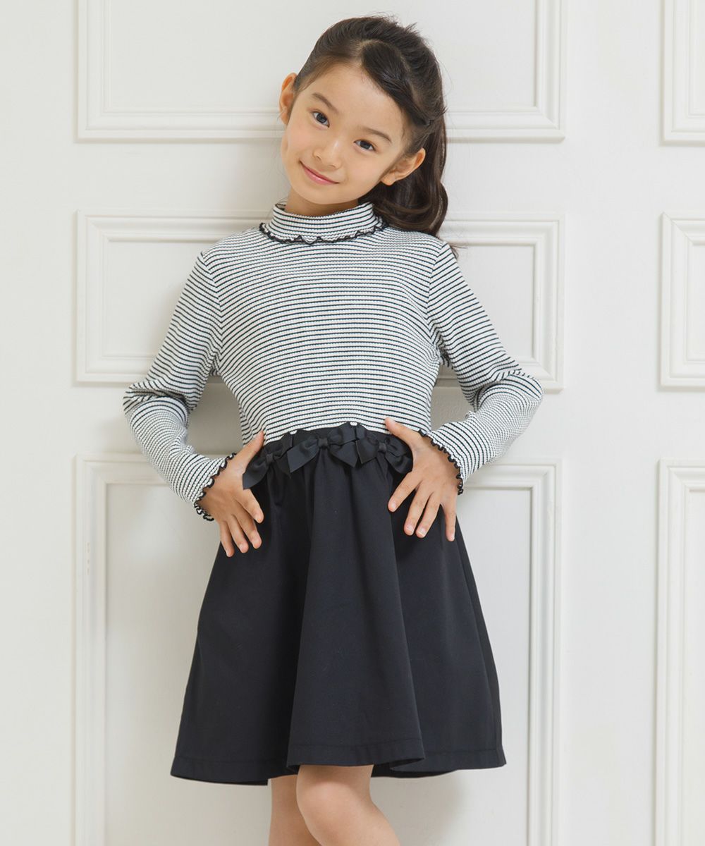 Children's clothing Girls Ribbon Rib Knit Turtleneck One Piece White x Black (10) Model image Up