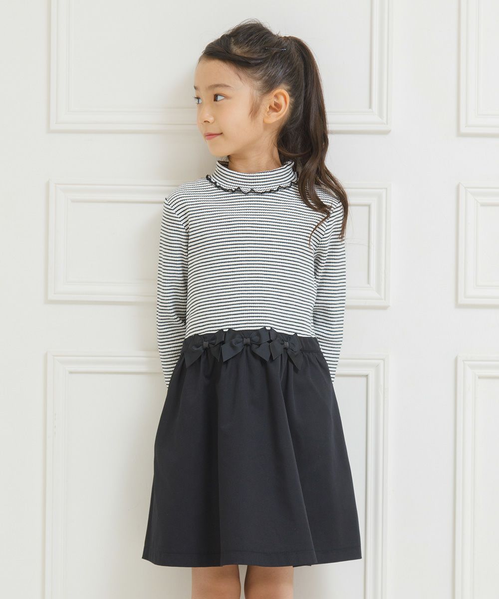 Children's clothing Girls Ribbon Rib Knit Turtleneck One Piece White x Black (10) Model Image 1