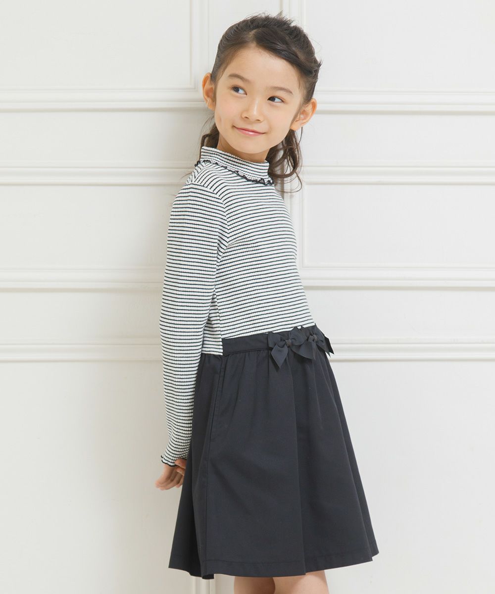 Children's clothing Girls Ribbon Rib Knit Turtleneck One Piece White x Black (10) Model Image 3