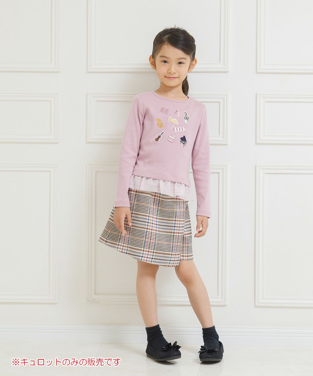 Children's clothing girl check pattern skirt style culotto pants beige (51) model image whole body