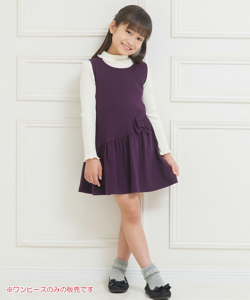 Gathered dress with ribbon Purple model image whole body