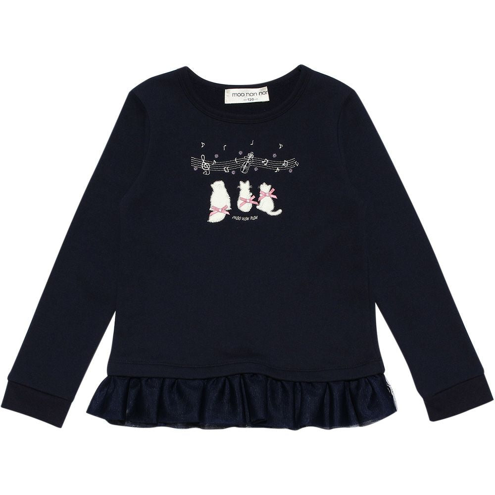 Children's clothing girl note & cat embroidery tulle frills & ribbon back trainer navy (06) front