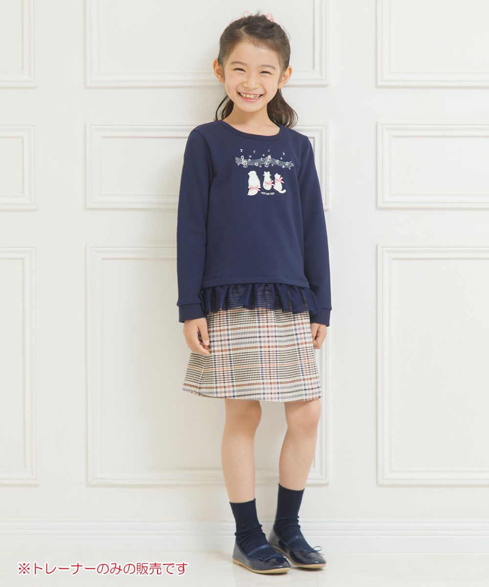 Children's clothing Girls' note & cat embroidery tulle frills & ribbon back trainer navy (06) model image whole body