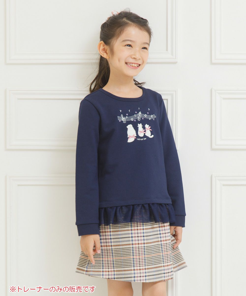 Children's clothing girl note & cat -chan embroidery tulle frills & ribbon back trainer navy (06) model image 1