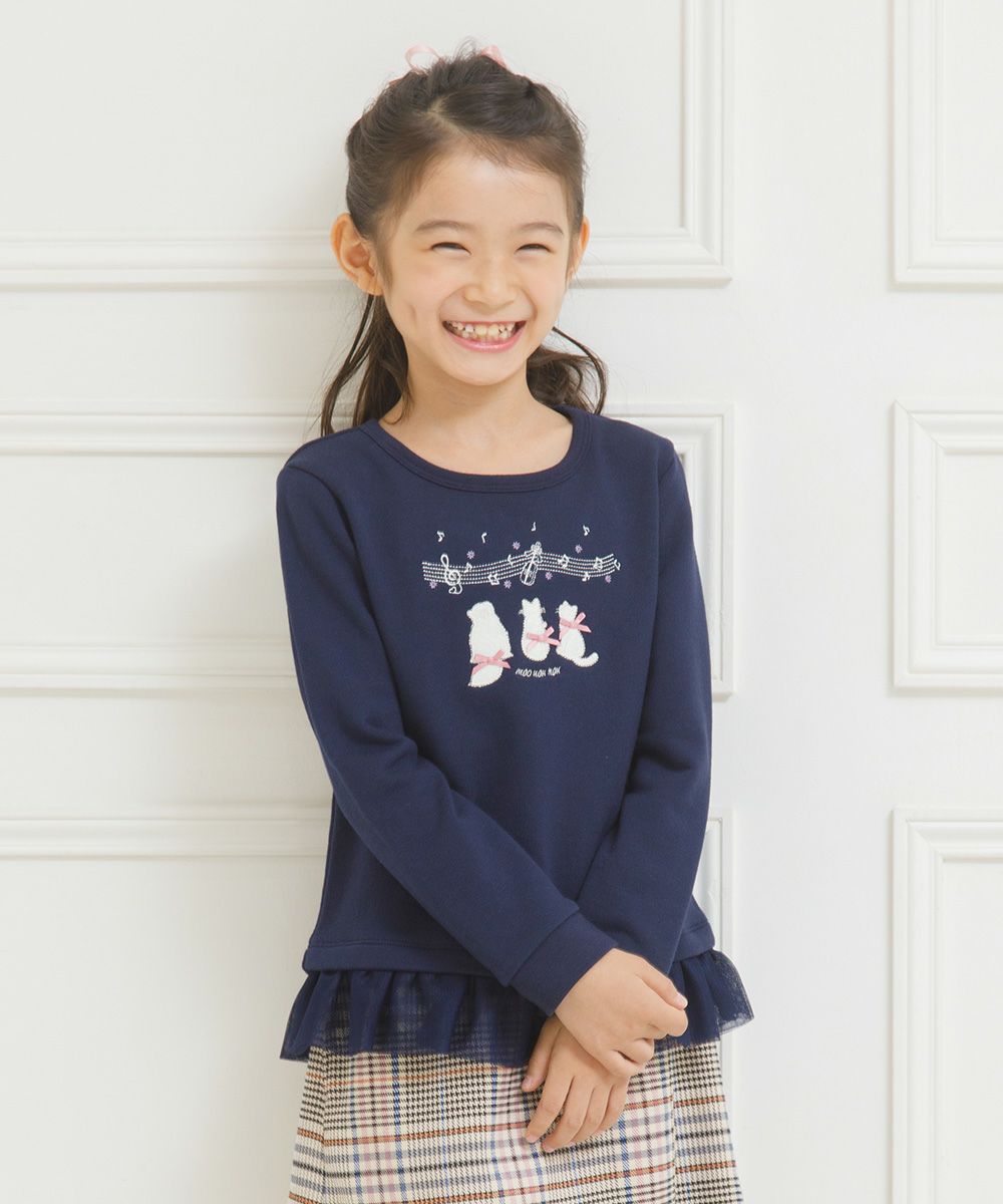 Children's clothing girl note & cat -chan embroidery tulle frills & ribbon with ribbon back hair trainer navy (06) model image 2