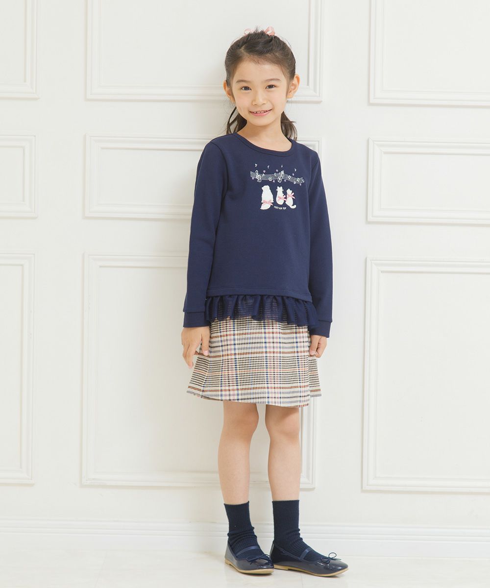 Children's clothing girl note & cat embroidery tulle frills & ribbon with ribbon back hair trainer navy (06) model image 3