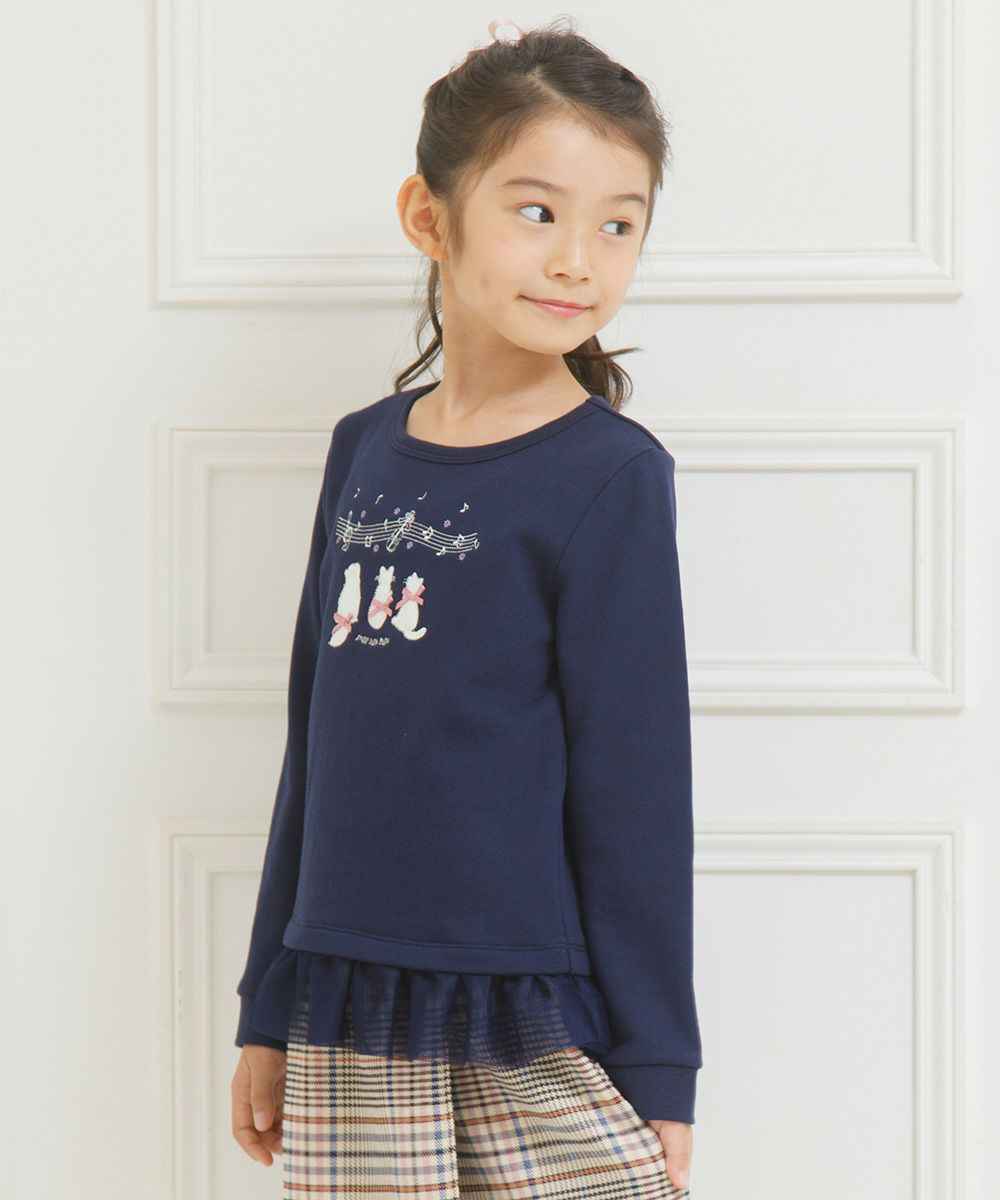 Children's clothing girl note & cat embroidery tulle frills & ribbon with ribbon back hair trainer navy (06) model image 4