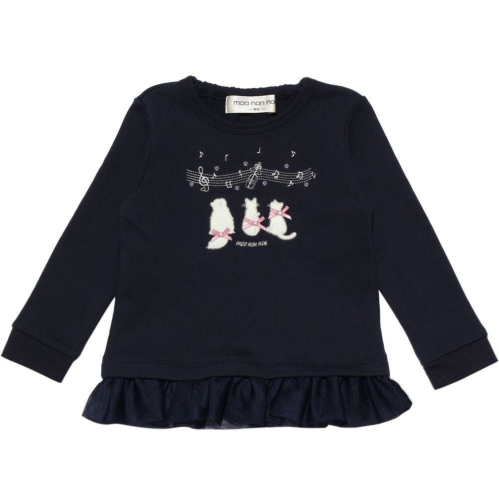 Baby clothes girl baby size note & cat embroidery tulle frilled & ribbon with ribbon navy navy (06) front